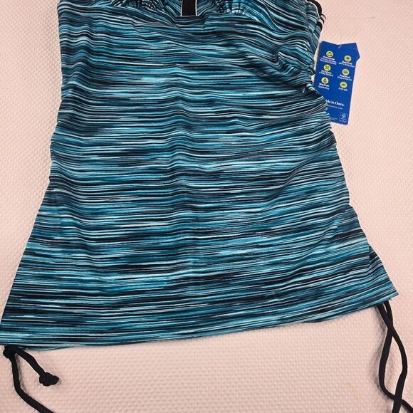 New Womens Size M Lagoon Stripe Tankini Swim Top Adj Strap Ruching Blue Black Sw - Picture 3 of 8